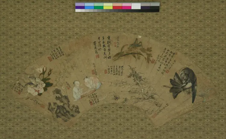 郎世宁等宫廷书画家合作扇面 郎世宁等宫廷书画家合作扇面