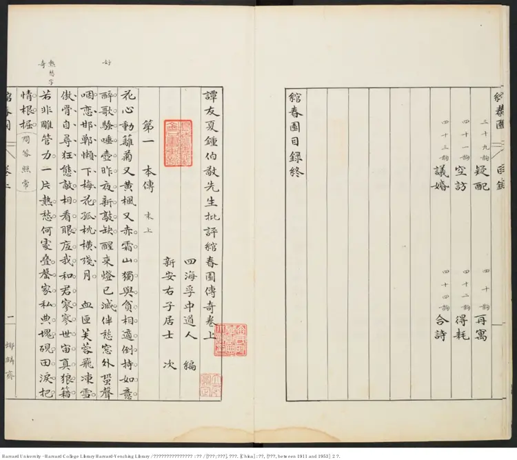 《譚友伯鐘伯敬先生批評綰春園傳奇》二卷 沈嵊 汪祺 出版商:立承 《譚友伯鐘伯敬先生批評綰春園傳奇》二卷 沈嵊 汪祺 出版商:立承