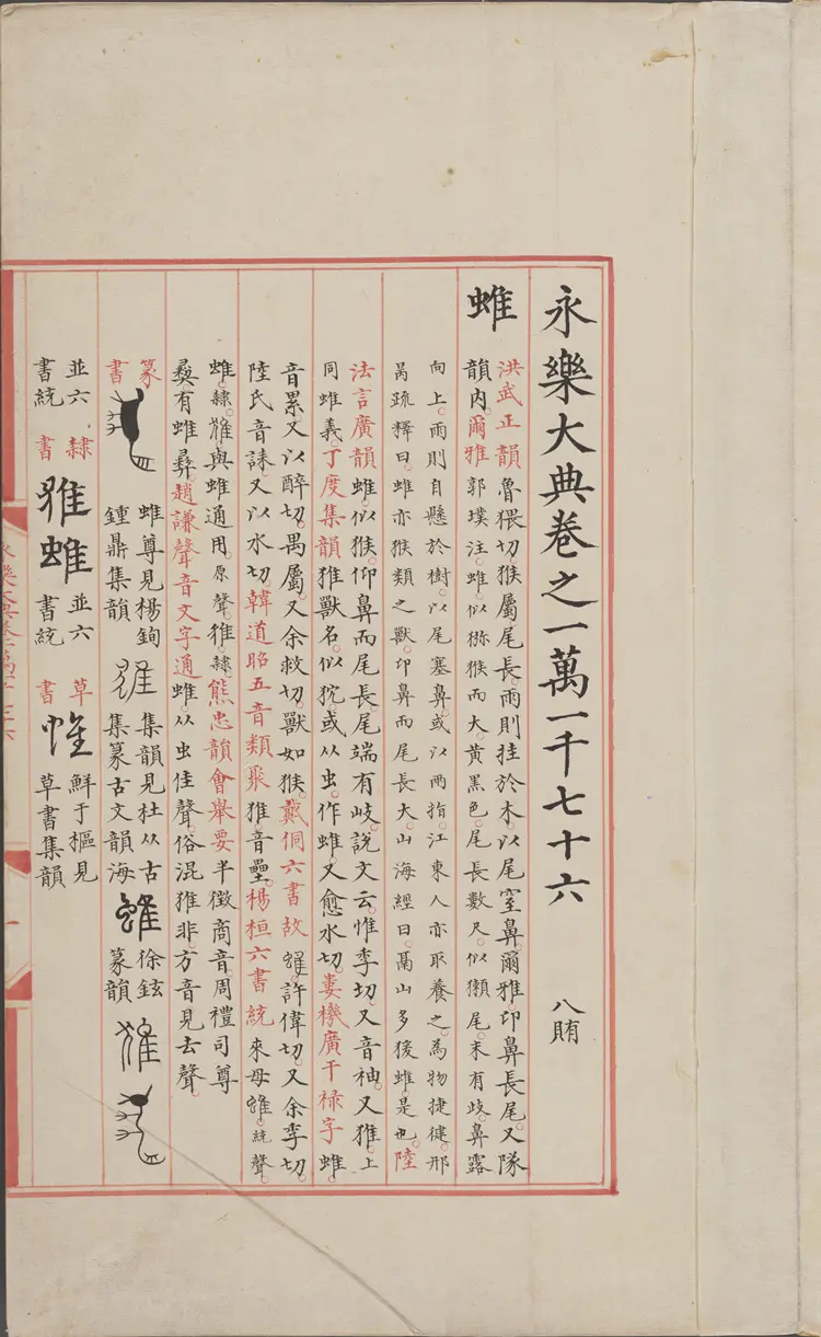 《永乐大典》卷11076-11077蜼字等明嘉靖隆庆间内府重写本